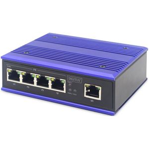 DIGITUS netwerk-switch - 5-poorts Fast Ethernet - DIN-rail montage - klemlijst - Ventilatorloos - Zwart/blauw