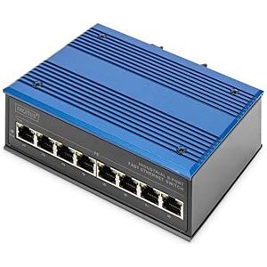 DIGITUS Netwerkschakelaar – Fast Ethernet 8 poorten – DIN-rail montage – klemmenblok – zonder ventilator – zwart/blauw