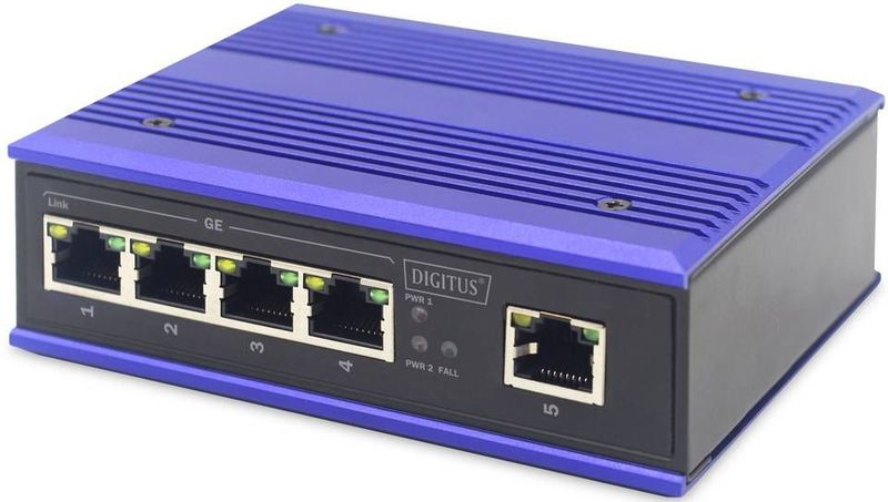 DIGITUS - Netwerkschakelaar - Gigabit Ethernet 5 Poorten - DIN-Rail Montage - Zwart/Blauw