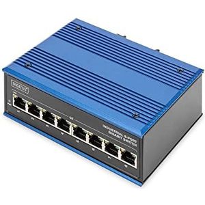 DIGITUS Gigabit Ethernet Switch 8 Port DIN railmontage klemblok ventilatorloos zwart blauw