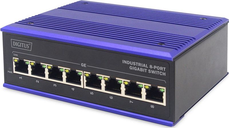 DIGITUS - Gigabit Ethernet Switch - 8 Poorten - DIN Railmontage - Zwart Blauw