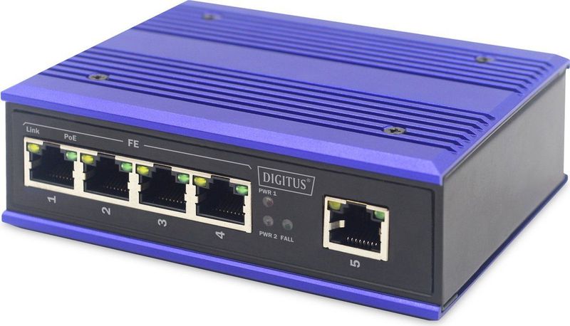 DIGITUS - PoE Fast Ethernet Switch - 5-poorts - Zwart Blauw - DIN Railmontage