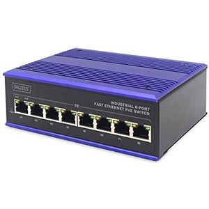 DIGITUS PoE netwerk-switch - 8-poorts Fast Ethernet - DIN-rail montage - klemlijst - Ventilatorloos - Zwart/blauw