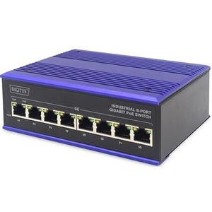 DIGITUS PoE netwerk-switch - 8-poorts Gigabit Ethernet - DIN-rail montage - klemlijst - Ventilatorloos - Zwart/blauw