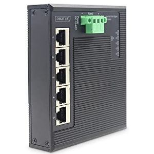 DIGITUS Flat Netzwerk-Switch - 5-Port Gigabit Ethernet - DIN-Rail Montage - Klemmleiste - Lüfterlos - Schwarz