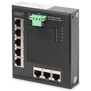 DIGITUS Platte netwerkschakelaar - Gigabit Ethernet 8 poorten - DIN-rail montage - klemmenblok - zonder ventilator - zwart