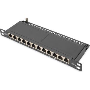 DIGITUS Cat-6A patchpaneel - 12 poorten - RJ45 bussen - 10-inch rack-mount 0,5U - LSA distributiepaneel - afgeschermd - zwart