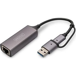 DIGITUS USB netwerkadapter - 2,5 Gbps - RJ45 naar USB-C 3.1 - type A adapter inbegrepen - Full Duplex - Auto MDI-X - grijs