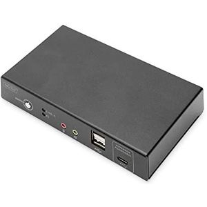 DIGITUS KVM Switch HDMI – USB-C voor notebookaansluiting – 2-poorts enkelscherm – 2 PC 1 Monitor – 1x Muis, Toetsenbord & Audio voor 2 Computers – RJ45 LAN Port & USB-C Hub for Laptop – Zwart