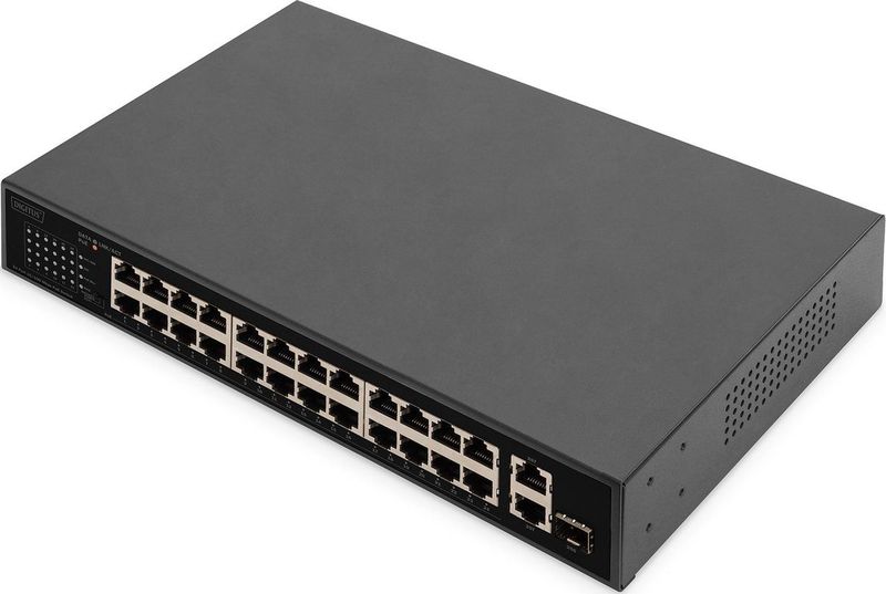 Digitus - DN-95355 - PoE Switch - Zwart - 24 Poorten, 2 Uplink-poorten (SFP/RJ45), 10/100Mbps