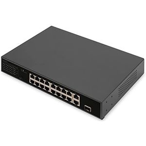 DIGITUS 18-poorts Fast Ethernet PoE netwerkswitch - 16x 100 Mbps RJ45 + 1x Gbps RJ45 combo + 1x SFP-poort - 19 inch - 185W PoE budget - 10/100 Mbps