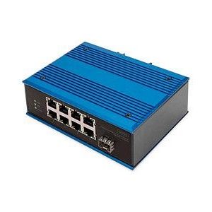 DIGITUS PoE Netwerk Switch - 9-poorts Fast Ethernet - 8x RJ45 + 1x SFP-poort - Unmanaged - 10/100 Mbps - DIN Rail & Wandmontage - IP40 - Industriële serie - Blauw