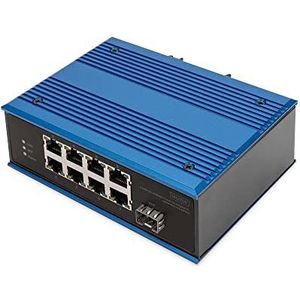DIGITUS industriële 9-poorts Fast Ethernet PoE switch - onbeheerd - 8 RJ45-poorten + 1 SFP-poort - 10/100 Mbps - DIN rail montage - IP40 beschermingsklasse - blauw/zwart