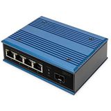 DIGITUS industriële 5-poorts Fast Ethernet PoE switch - onbeheerd - 4 RJ45-poorten + 1 SFP-poort - 10/100 Mbps - DIN rail montage - IP40 beschermingsklasse - blauw/zwart