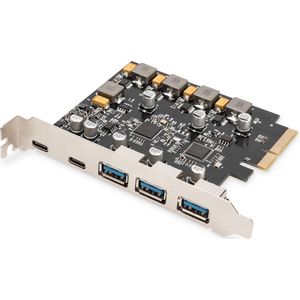 DIGITUS IO-kaart - PCIe - 2x USB-C, 3x USB A - USB 3.1 Gen 2 interfacekaart - tot 10 Gbps - Plug & Play