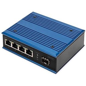 DIGITUS industriële 5-poorts Gigabit PoE Ethernetschakelaar - onbeheerd - 4 RJ45-poorten + 1 SFP-poort - 10/100/1000 Mbps - DIN rail montage - IP40 beschermingsklasse - blauw/zwart