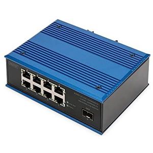 DIGITUS Industrial 9-Port Gigabit PoE Ethernet Switch - Unmanaged - 8 RJ45 poorten + 1 SFP-poort - 10/100/1000 Mbps - DIN rail montage - IP40 beschermingsklasse - blauw/zwart