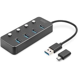 DIGITUS 4-poorts USB 3.0 hub - tot 5 Gbit/s - poorten afzonderlijk schakelbaar - incl. USB-A naar USB-C adapter - Plug & Play - aluminium behuizing - donkergrijs