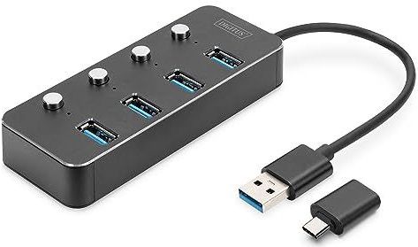 Digitus DA-70247 USB 3.0-hub 4 poorten Draaibaar, Individueel schakelbaar, LED-weergave Donkergrijs
