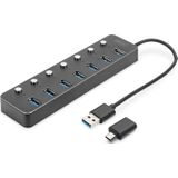 DIGITUS 7-poorts USB 3.0 hub - tot 5 Gbit/s - poorten afzonderlijk schakelbaar - incl. USB-A naar USB-C adapter - Plug & Play - aluminium behuizing - met voeding - donkergrijs