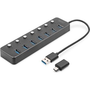 DIGITUS 7-poorts USB 3.0 Hub - tot 5 Gbps - poorten afzonderlijk schakelbaar - incl. USB-A naar USB-C adapter - Plug & Play - aluminium behuizing - met voeding - donkergrijs
