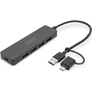 DIGITUS - Hub USB 3.0 Slim Line - 4 Poorten USB A 3.0 - Zwart - Compatibel met Meerdere Besturingssystemen