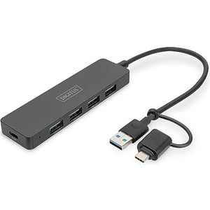 DIGITUS Slim Line 4-poorts USB 3.0 Hub - 4x USB-A - 1x USB-C voedingsaansluiting - tot 5 Gbps - incl. USB-A naar USB-C adapter - 0,2m snoerlengte - zwart