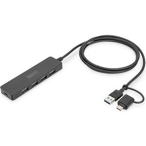 DIGITUS Slim Line 4-poorts USB 3.0 Hub - 4x USB-A - 1x USB-C voedingsaansluiting - tot 5 Gbps - incl. USB-A naar USB-C adapter - 1,2m snoerlengte - zwart