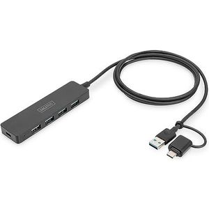 DIGITUS - Slim Line - 4-poorts USB 3.0 Hub - Zwart - Tot 5 Gbps - Incl. Adapter