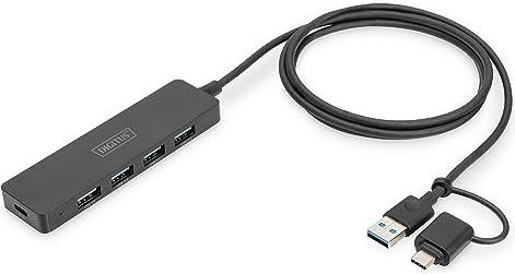 DIGITUS - Slim Line - 4-poorts USB 3.0 Hub - Zwart - Tot 5 Gbps - Incl. Adapter