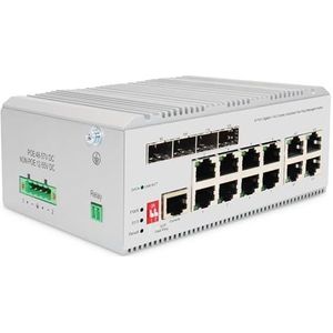 DIGITUS Beheerbare industriële netwerkswitch 12 poorten Gigabit Ethernet - 8x RJ45 + 4x SFP/RJ45 Combo - 1 consolepoort - Beheerbare L2 - 10/100/1000 Mbps - DIN-rail montage - wit