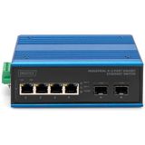 DIGITUS Industrial 6-poorts Gigabit Ethernet Switch - 4 RJ45-poorten - 2 SFP-poorten - beschermingsklasse IP40-10/100/1000 Mbps - railmontage - zwart/blauw