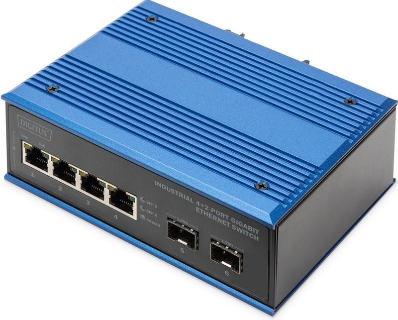 DIGITUS Netwerk Switch - 6-poorts Gigabit Ethernet - 4x RJ45 + 2x SFP - IP40-10/100/1000 Mbit/s - DIN rail montage - industriële serie - zwart/blauw
