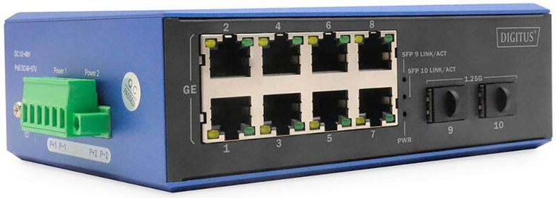 DIGITUS - Industriële Switch - 10 Poorten - Gigabit Ethernet - Zwart/Blauw