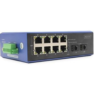 DIGITUS - PoE Netwerkswitch - Zwart/Blauw - 10 Gigabit Ethernet Poorten - 8x RJ45 + 2x SFP - IP40 - Railmontage