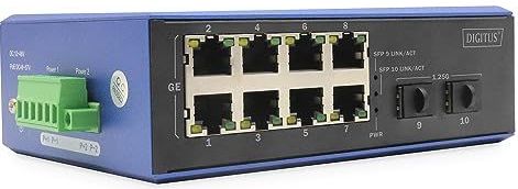 DIGITUS - PoE Netwerkswitch - Zwart/Blauw - 10 Gigabit Ethernet Poorten - 8x RJ45 + 2x SFP - IP40 - Railmontage
