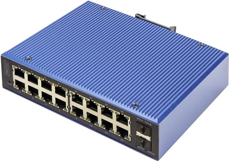 DIGITUS PoE Netwerk switch - 18-poorts Gigabit Ethernet - 16x RJ45 + 2x SFP - IP40 - L2 managed - 10/100/1000 Mbit/s - DIN rail montage - industriële serie - zwart/blauw