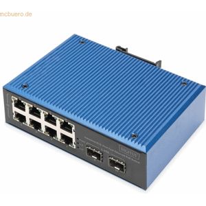 DIGITUS PoE netwerk switch - 10-poorts Fast Ethernet - 8x RJ45 + 2x Gigabit SFP uplink - IP40 - DIN rail montage - 10/100 Mbit/s - industriële serie