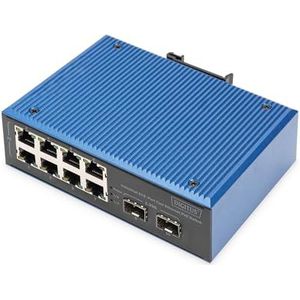 DIGITUS industriële 10-poorts Fast Ethernet PoE netwerkswitch - 8x RJ45 + 2x Gigabit SFP uplink - 30W PoE budget per poort - IP40 bescherming - DIN rail montage - 10/100 Mbps - Plug & Play