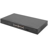 DIGITUS - 19-Inch PoE Netwerkswitch - 16-Poorts Gigabit + 2-Poorts Gigabit SFP - Onbeheerd - Zwart - 250W PoE Power Budget