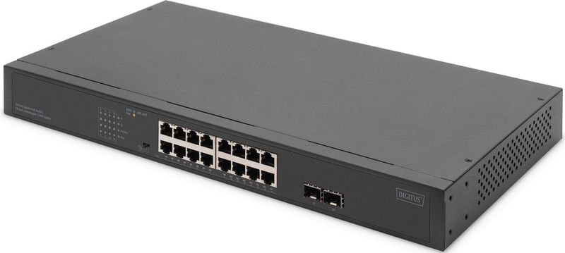 DIGITUS - 19-Inch PoE Netwerkswitch - 16-Poorts Gigabit + 2-Poorts Gigabit SFP - Onbeheerd - Zwart - 250W PoE Power Budget