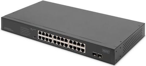 DIGITUS 24-poorts Gigabit PoE Ethernet Network Switch - Unmanaged - 24 RJ45-poorten + 2 SFP Uplink-poorten - 370W PoE-budget - 19 Inch Form Factor - Zwart