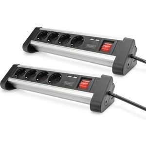 DIGITUS DA-70614-2 - Meervoudige Wandcontactdoos - 2 Stuks - 4x Wandcontactdoos met Randaarde - Met Schakelaar - Voor Bureau- en Wandmontage