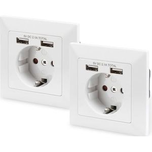 DIGITUS DA-70613 - Inbouwcontactdoos met USB-A lader - 2 stuks - 2 USB-aansluitingen - 5V / 2.1 A totaal - 250 V 50 Hz - Inbouwdiepte 32 mm - Voorwaardelijk designgeschikt - Zuiver wit RAL 9003