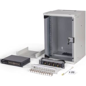 DIGITUS 10 inch netwerkset – 9 U netwerkkast – Legbord – Stekkerdoos – 16-poorts switch – 12-poorts patchpaneel – 12 Keystone-modules – 20 patchkabels – Ongemonteerd – SOHO Pro – Grijs