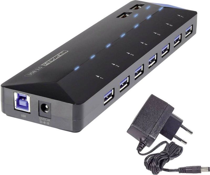 Renkforce USB 3.2 Gen 1 Hub - 7 + 2 Poorten - Snellaadpoort - Zwart