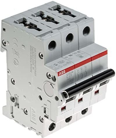 ABB S203M-C25 Miniatuur Stroomonderbreker, 3 Pool, Type C, 10kA/15kA Breaking Capaciteit, 25 Amp Stroom (2CDS273001R0254)