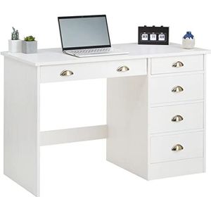 IDIMEX Bureau Lana van massief grenen in wit, mooie computertafel met 5 laden, praktisch bureau met schelpgrepen