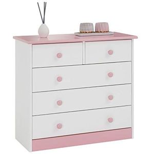 IDIMEX Commode Rondo, mooi dressoir met 5 laden, praktisch dressoir van massief grenen in wit/roze, tijdloze ladekast met houten handgrepen