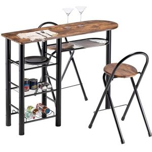 IDIMEX Bartafel stijl met 2 barkrukken, toontafel in vintage look, smal, keukentafel met 3 planken en wijnfleshouder